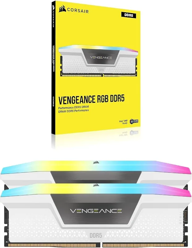 Corsair VENGEANCE RGB DDR5 32GB (2x16GB) 6000MHz C40 Skrivbordsminne (Dynamisk RGB-belysning över tio zoner, Integrerad spänningsreglering, Optimerat för Intel, Anpassade XMP 3.0-profiler) Vit