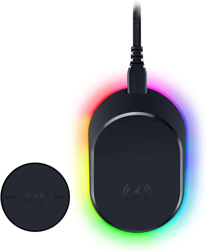 Razer Mouse Dock Pro & Laddningspuck – magnetisk trådlös laddningsdocka och laddningsmodul för kompatibla möss (magnetisk docka med laddningsstatus RGB-belysning, halkfri gecko-fötter, laddningspuck)