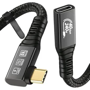 CableDeconn USB4-kabel, 8K, 0,5 m, hane/hona, 1 x böjd, 1 x rak, kompatibel med Thunderbolt 4, 8K@60Hz, 4K@120Hz video, 40 Gbit/s, överföringshastighet, 20 V, 5 A, 100 W, 3-i-1-USB-C-kabel