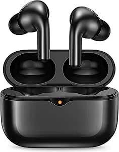 VOGHERB Bluetooth 5.1-hörlurar, trådlösa i örat med 10 mm ljuddrivrutin, intensiv bas, AI-brusreducering, HiFi Stereo, 46 timmars speltid, laddning USB-C, IPX7-hörlurar, svart, OW30