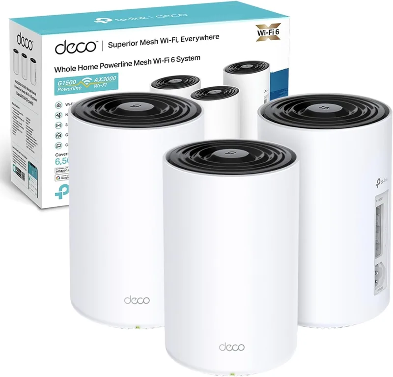 TP-Link Deco PX50 AX3000 + G1500 Powerline Mesh Wi-Fi 6 System, Dual Band, Gigabit Ports, AI Powered Main, Cover up to 6500ft2, Connect up to 150 Devices, 1.0GHz CPU, HomeShield, Pack of 3