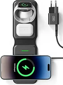 INIU 3 i 1 Trådlös laddare, 15W Magnetic Foldable Wireless Charger Snabb Support Telefonladdning för Apple Series iPhone 15 14 13 12 Pro Max Mini, iWatch 7 6 5 4 3, AirPods 3 2 1 pro (Adapter Ingår)