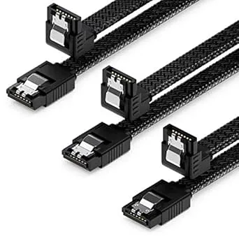 deleyCON 3x 30 cm SATA 3 Kabel Nylonset 6 Gbit/s Datakabel SATA III Anslutningskabel Seriell ATA Anslutningskabel för Moderkort & Hårddisk HDD SSD 1 S-ATA L Kontakt 90° Vinklad Svart