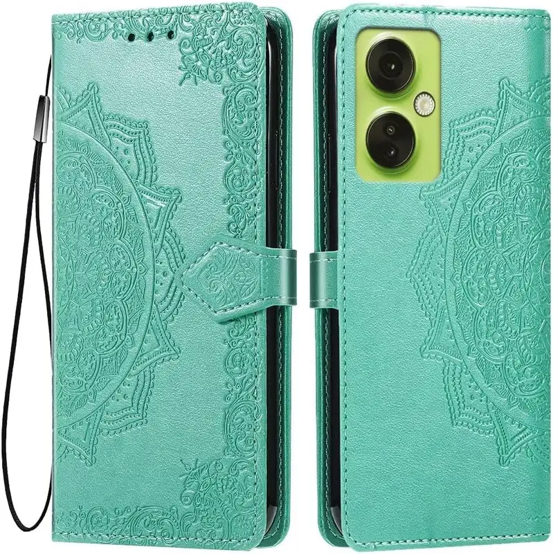 HONLEN Fodral för OnePlus Nord CE 3 Lite mobilskal, (6,7 tum) premium PU-läderplånbok magnetlås flip-fodral med 3 kortfack, mandalamönster fodral grön
