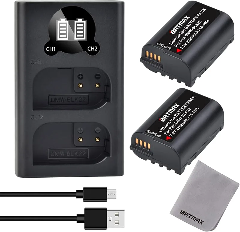 Batmax 2 st 2280 mah DMW-BLK22 ersättningsbatteri och LCD-skärm batteriladdare