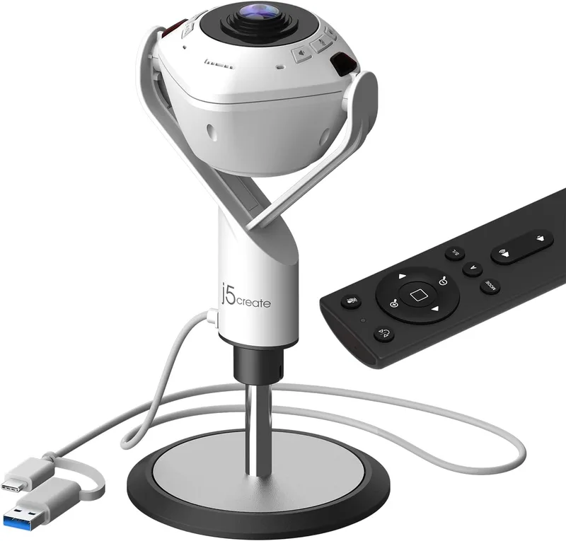 j5create 360 AI-driven möteswebbkamera med högtalartelefon, smart spårning, automatisk inramning, 1080P HD videokonferenskamera, levereras med fjärrko