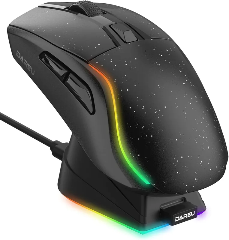DAREU A950 Wireless Gaming Mouse, Symmetrical, Lightweight, Wireless, USB/2.4GHz/Bluetooth with RGB Charging Stand, AIM-