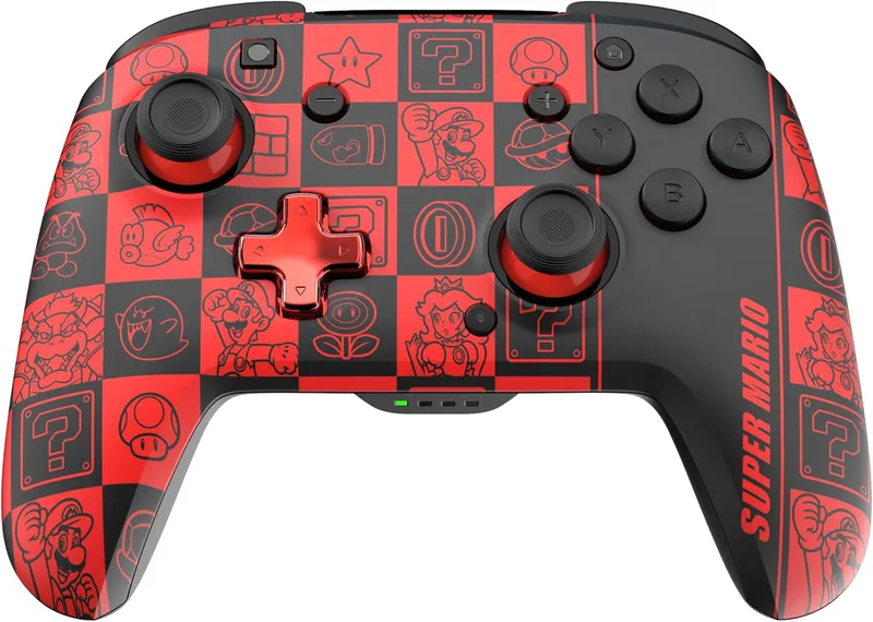 Official Wireless Deluxe Controller Nintendo Switch GLOW, Super Icons, Röd och svart