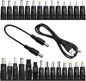 Universal DC Strömadapter Tips Kit, KUOQIY 28 Stycken 5.5 X 2.1 mm DC Hohlstecker Adapter, med 2 Stycken Kabel, för Fläktar, Routrar, Skrivbordslampor