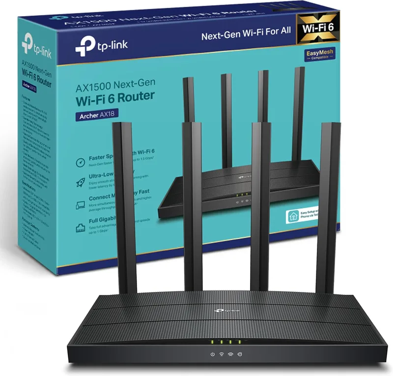 TP-Link WiFi 6-router, 1500 Mbps Dual Band AX WiFi-router, WiFi 6, 4 Gigabit-portar, 4 högpresterande antenner, OneMesh, WPA3, föräldrakontroll, inbyggt antivirus, (Archer AX18)