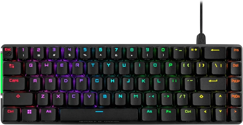 ASUS ROG Falchion Ace 65% RGB kompakt spelmekaniskt tangentbord, smörjt ROG NX röda brytare och brytstabilisatorer, ljuddämpande skum, PBT-tangenter, kabelanslutna med KVM, tre vinklar, skyddsfodral