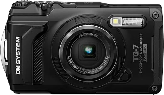 OM SYSTEM Tough TG-7 Svart digitalkamera, 12MP, vattentät, stötsäker, undervatten- och makrofotograferingslägen, 4K-video, 4x-vidvinkelzoom (efterföljare Olympus TG-6)