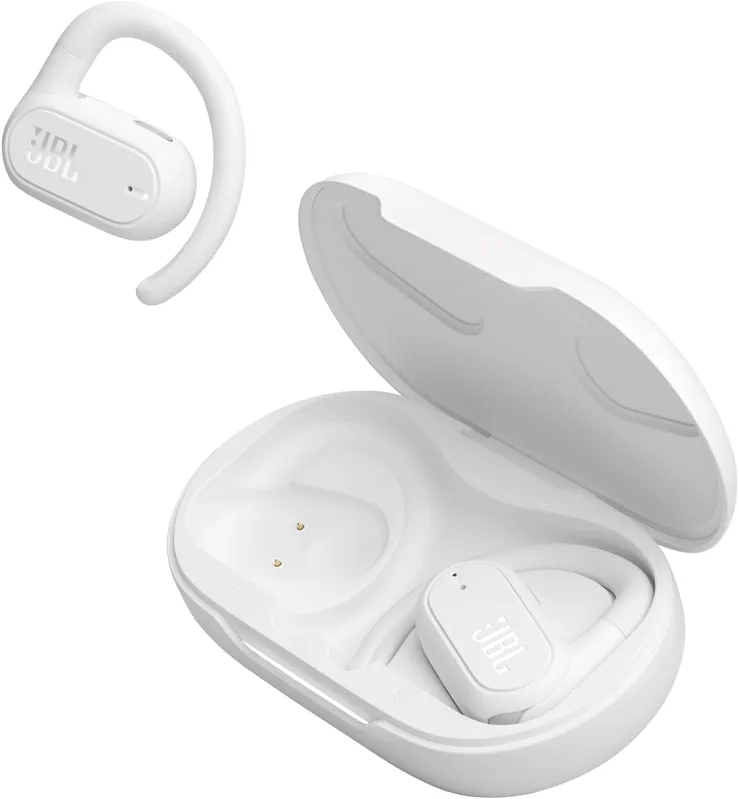 I förpackningen: 1 JBL Soundgear Sense trådlösa Bluetooth-hörlurar med laddningsfodral och öronkrokar, vit, 1 halsband, 1 USB-C laddningskabel, Quick Start Guide och säkerhetsinformation