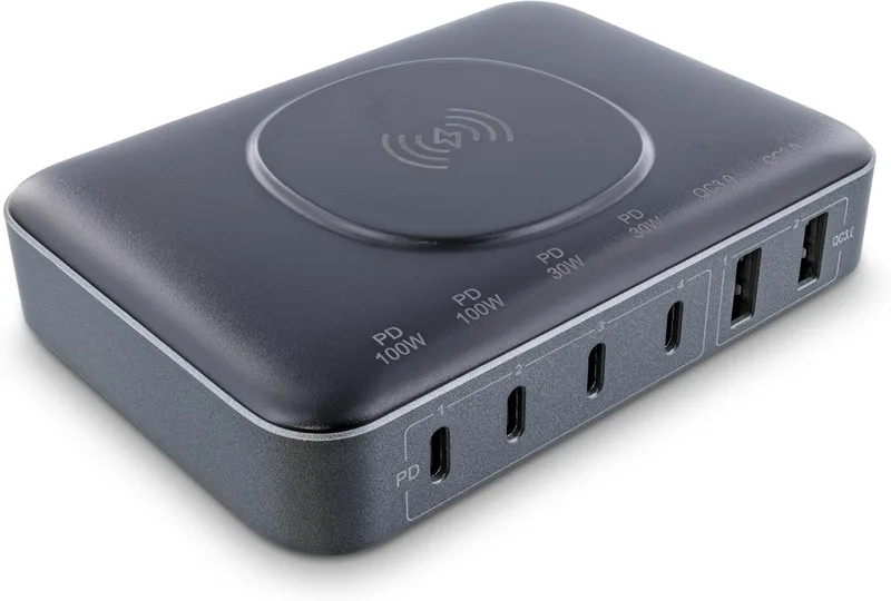 InLine Qi Powerstation 6-port, trådlös laddare, 4 x USB-C, 2 x USB-A, GaN, 100 W, snabbladdare, strömförsörjning för MacBook Pro/Air, iPhone/Pro/Mini,