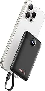 WeeFancy Mini Power Bank 10000mAh 22.5W Bärbar laddare USB C med integrerad kabel PD QC snabbladdning, ultrakompakt externt batteri med 2 utgångar kompatibel med iPhone 16/15/14/Galaxy/Xiaomi/OnePlus