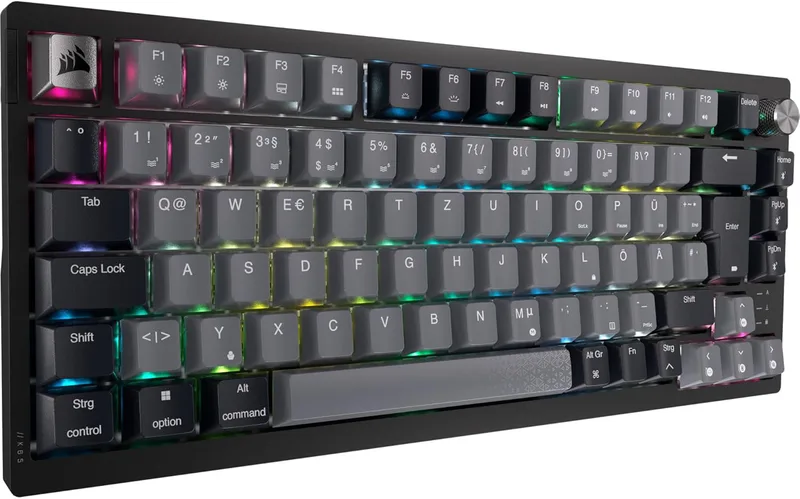 CORSAIR K65 Plus 75% RGB trådlöst mekaniskt gaming-tangentbord, Hot Swappable, 75% RGB – försmorda MLX röda linjära brytare – dubbla lager – PBT-tangentkåpor – Qwertz DE – svart