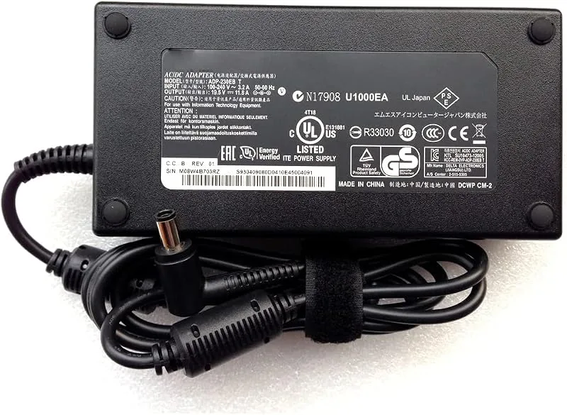Strömkabel/laddare 19,5 V 11.8A, kompatibel med MSI Gaming GE63VR 7RF (Raider) -039 ADP-230EB T A12-230P1A EU-nätsladd f