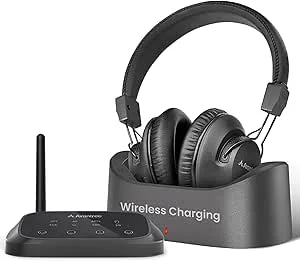 Avantree HT5009 Plus – trådlösa TV-hörlurar för TV med optisk (TOSLINK) eller AUX, tydligt tal och volymförstärkning, bekväma over-ear, 60 timmars batteri, laddningsdocka