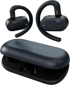 CREATIVE Outlier Go trådlösa Open-Ear-hörlurar med justerbar passform och öronkrokar, upp till 26 timmars total speltid, två mikrofoner, Bluetooth 5.4, IPX4 vattentäta (mörkblå)