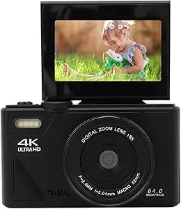64 MP Digitalkamera, 3 Tums IPS-skärm, 4K Video Retro Kompakt Digitalkamera, 18X Digital Zoom, Laddningsbar Vloggningskamera, för Livestreaming och Onlinesändning (Svart)