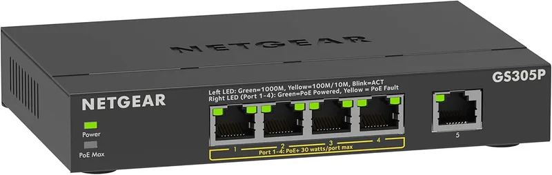 NETGEAR (GS305P V3) Ethernet PoE+ 5-port Gigabit RJ45 PoE (10/100/1000), switch med 4 PoE+-portar @ 63 W, utan fläkt, tyst, skrivbords- eller väggpositionering
