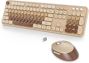 SbocKeeb Retro tangentbord och mus trådlös, amerikansk QWERTY söt skrivmaskin trådlös 2,4 GHz färgglatt tangentbord i full storlek med sifferblock, för Windows PC bärbar dator, färgglatt kaffe