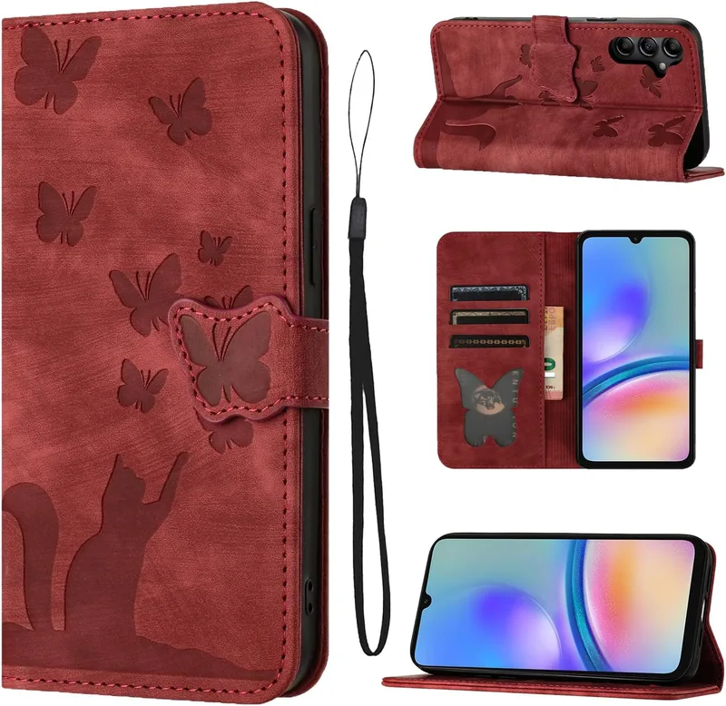 LSPCASA Mobiltelefonfodral för Samsung Galaxy A05S 6,7 tum PU premium läderfodral med stativfunktion kortplatser vikbart flipfodral fjärilsmönster skyddsfodral för Samsung Galaxy A05S-röd