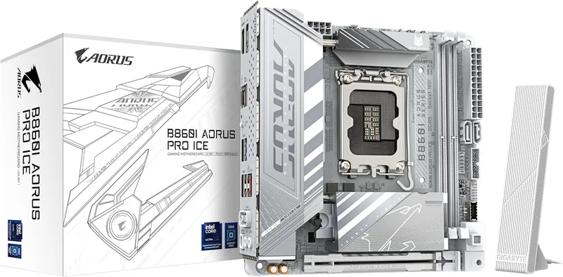 GIGABYTE B860I AORUS PRO ICE moderkort – Intel Core Ultra Series CPU:er, 8+1+2+1 faser VRM, upp till 9200MHz DDR5, 1xPCIe 5.0 + 1xPCIe 4.0 M.2, 2.5GbE LAN, WIFI 7, Thunderbolt 4