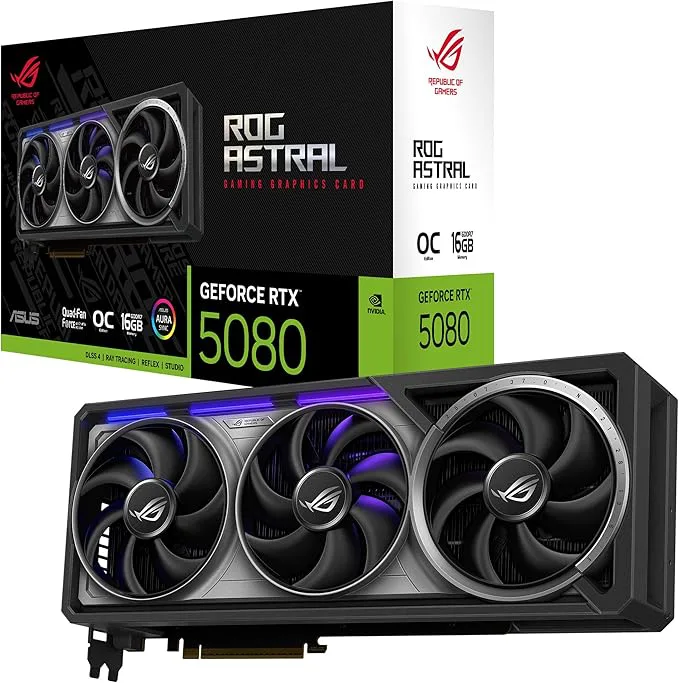 ASUS ROG Astral GeForce RTX 5080 16 GB GDDR7 OC Edition spelgrafikkort (Nvidia GeForce RTX5080, fyra fläktar, PCIe 5.0, 2X HDMI 2.1b, 3X DisplayPort 2.1a, ROG-ASTRAL-RTX5080-O16G-GAMING)