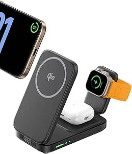 INIU Induktiv iPhone-laddningsstation 3-i-1, 15 W Qi2-certifierad magnetisk trådlös laddare vikbar, magsafe trådlös laddare för Apple Watch SE iPhone