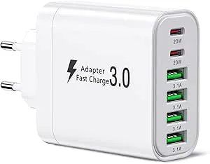 USB C-laddare, multi-port-laddningskontakt, 52 W 6-ports laddningsblock, dubbel PD snabbladdare, USB C-väggladdare C-typ kontakt, USB-adapter kompatibel med iPhone 12/13/14/15/Samsung S24/S23/S22.
