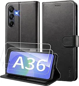 WAURZ Fodral för Samsung Galaxy A36 5G fodral med 2 skärmskydd i läder tunn korthållare magnet läder flip fodral skal skyddande fodral, svart