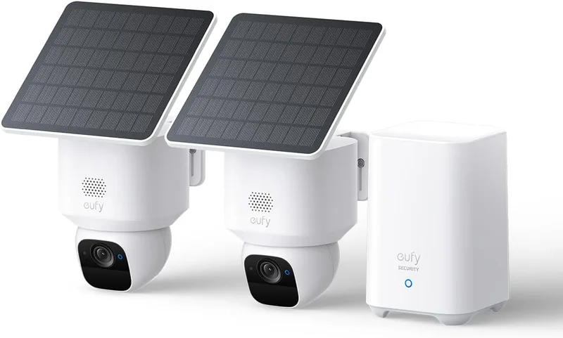 eufy SoloCam E30 Solenergi, 360° Panorering, AI-Spårning, 2K, Trådlös Utomhuskamera, 2-pack solcellsövervakningskamera med HomeBase S280, Inga Månadsavgifter (2 Pack+Home Base)
