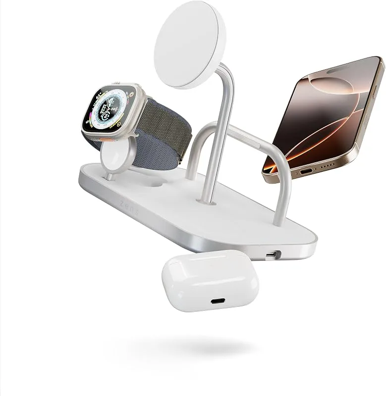Zens 4-in-1 Wireless Charger, MagSafe och Qi2 15 W trådlös laddare för iPhone/Apple Watch/AirPods, inkluderar 65 W ström