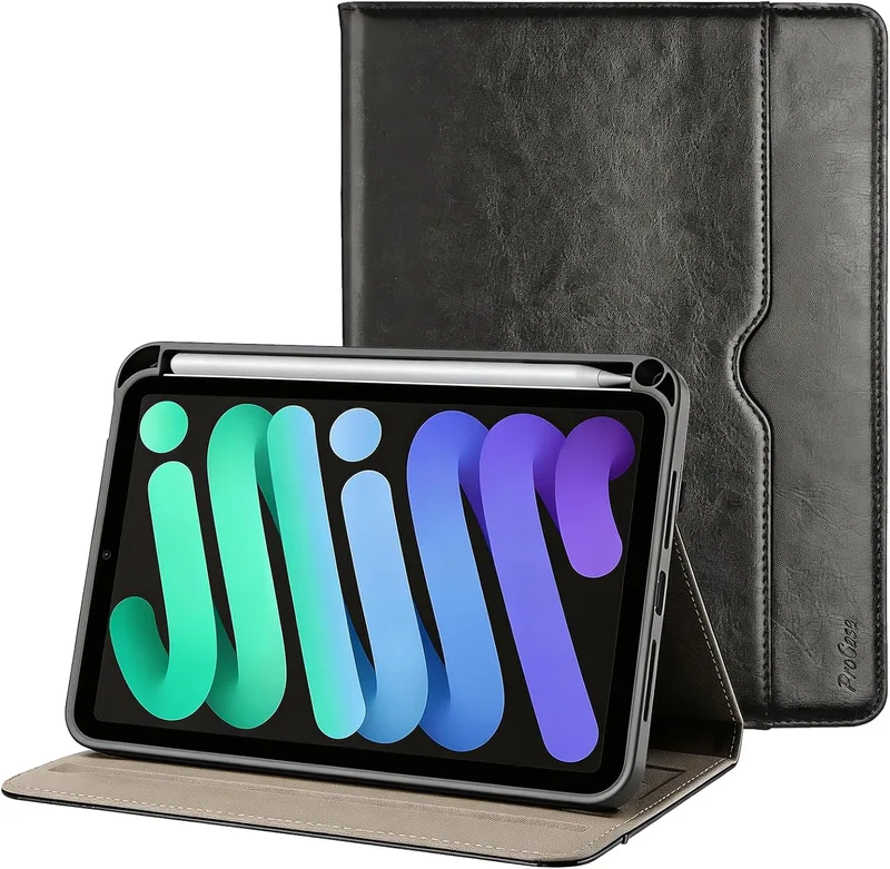 ProCase läderfodral för iPad mini A17 Pro 2024/Mini 6 Gen 8,3 tum 2021, skyddande fodral med pennhållare, PU-läder vikbart fodral med multistativ för iPad 7th/6th – svart