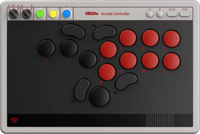 8BitDo All-Button Arcade Controller for Switch & Windows – Bluetooth, 2.4G, Wired Connectivity, Low-profile Mechanical Switches, 4 Programmable Buttons, Hot-swappable PCB