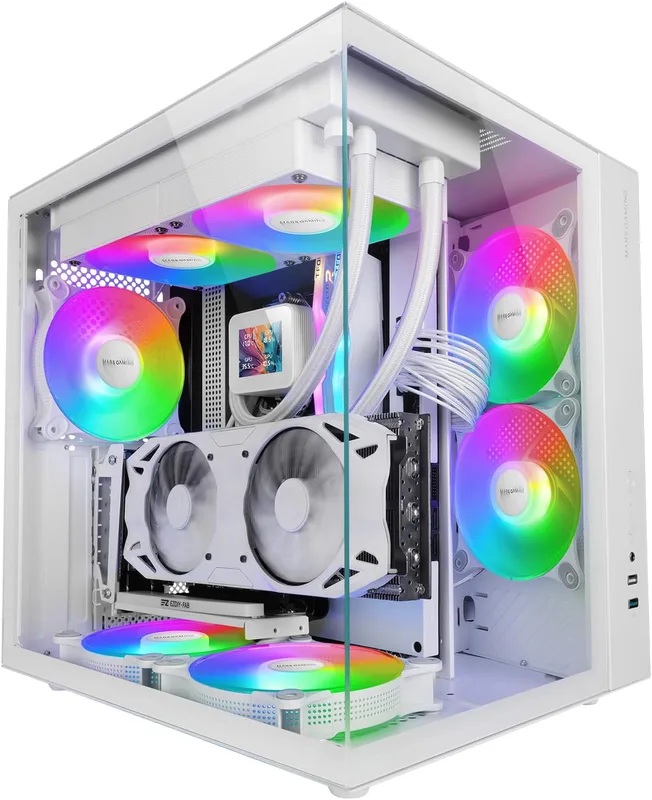 Mars Gaming MCV-ONE, ATX Gaming Chassi, Dubbla Kontinuerliga Härdat Glas Paneler, 12cm Bakre FRGB Fläkt, Dubbelkammarsstruktur, Kompakt PC Mid-Tower, Vätskekylningsstöd upp till 240mm, Vit
