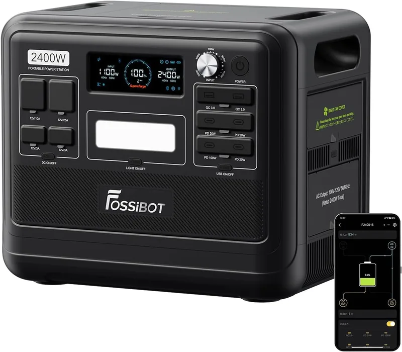 FOSSiBOT Bärbar powerstation F2400 med 2048Wh Lifepo4, solgenerator 2 400 W (4 800 W spets) 230 V 3 AC-utgångar, supersnabb laddning kraftstation för
