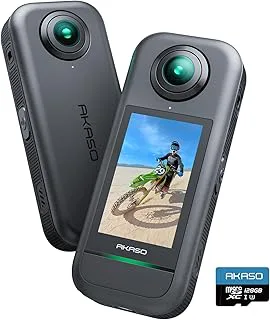 AKASO Action Cam 360° in 5,7 K med 128 GB-kort, 72 MP, dubbel sensor för 1/2 tum 48 MP, 360° Horizon Lock, 2,29 tum pekskärm, AI Tracking, Selfie Stic