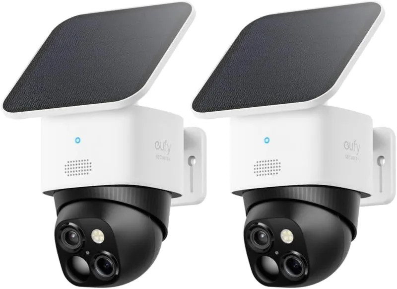 eufy Säkerhet SoloCam S340 dubbla kameror solsäkerhetskamera utomhus trådlös, 3K hemsäkerhetskamera, 360° övervakning, inga blinda fläckar, 2,4 GHz Wi-Fi, HomeBase 3 kompatibel (2-Pack)