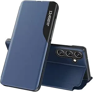 EASSGU läderfodral för Samsung Galaxy A17 5G/A17 (4G LTE) (6,7 tum) sidofönster fliphållare PU-läder mobilskal, reptålig, stötsäkert skyddande fodral – blå