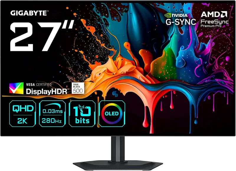 GIGABYTE MO27Q28G Gaming Monitor OLED 27 tum QHD – 2560 x 1440 280 Hz, 0,03ms, 335CD/m², skärm HDR True Black 500, HDMI 2.1, DisplayPort 1.4