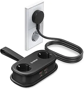 ORICO 65 W GAN Multikontakt med USB-C, 6-i-1 snabbladdningsuttag med 4 USB, uttag med 1,6 m infällbar kabel för MacBook, iPad, mobiltelefon, resor – AP3 svart