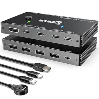 USB-C KVM-omkopplare för 2 typ-C-datorer, USB Type-C KVM-omkopplare stöder 4K @ 60 Hz, dela tangentbord, mus och bildskärm, stöder 87 W PD-snabbladdning