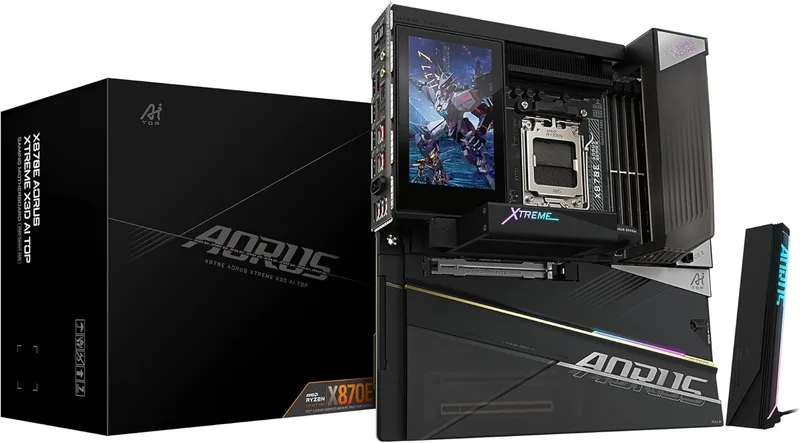 GIGABYTE X870E AORUS XTREME X3D AI TOP moderkort – stöder AMD Ryzen 9000-serien CPU:er, 24+2+2 faser VRM, upp till 9000MHz DDR5 (OC), 2xPCIe 5.0 M.2 + 3xPCIe 4.0 M.2, WI-FI 7, 10GbE LAN, USB 4