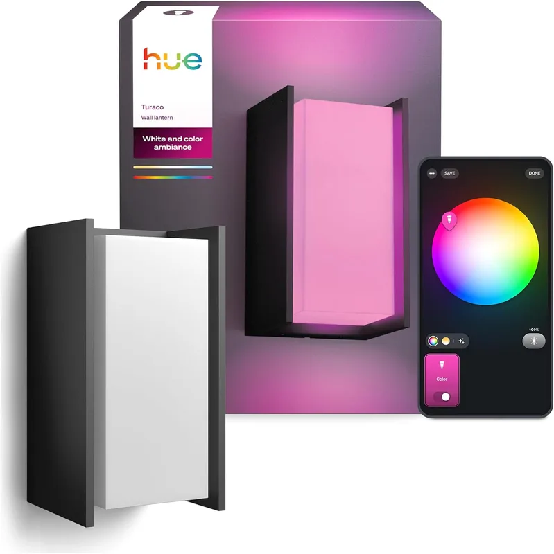 Philips Hue Turaco Vägglampa Utomhusbruk, Reglerbart Vitt och Färgat Ljus, 1100 lm Klar, Med A60-ljuskälla, Dimbar, IP44-väderbeständig, Matter-kompatibel, Zigbee