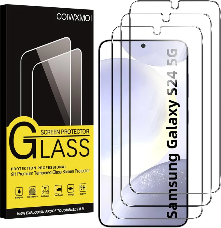 Coiwxmoi 3 st härdat glas för Samsung Galaxy S24 5G 6,2 tum, ultrabeständigt skärmskydd, hårdhet 9H glas, utan luftbubblor, reptåligt HD-genomskinligt glasskydd för Samsung s24