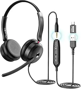 Proaustin USB-C/USB-A/3,5 mm trådbundet headset med brusreducerande