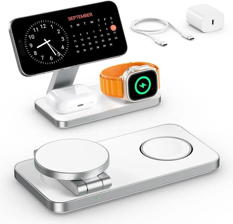 INIU Induktiv iPhone-laddningsstation 3-i-1, 15 W Qi2-certifierad magnetisk trådlös laddare vikbar, magsafe trådlös laddare för Apple Watch SE iPhone