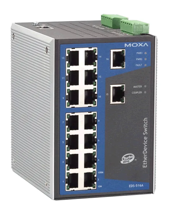 MOXA EDS-516A – 16 portar hanterad Ethernet-omkopplare, 16 10/100 BaseTx-portar med VLAN, IGMP Snooping, porttrunking, RMON och QoS